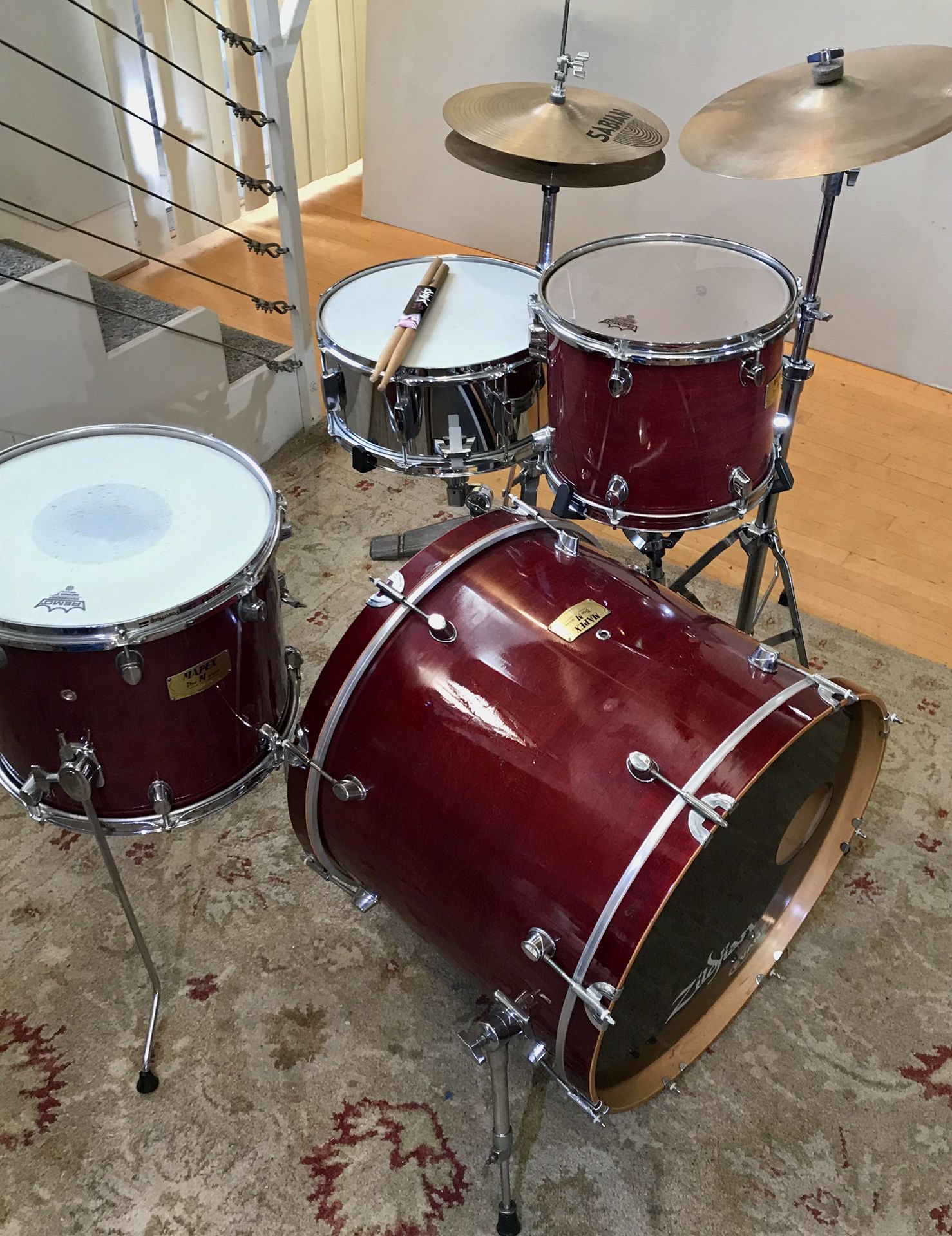 Mapex pro M series maple jazz drum set battlefield steel chrome snare PDP bass pedal Sabian cymbals pearl hihat stand $475 in Ontario 91762