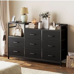 Dresser for Bedroom with Charging Station, 52" Long Dresser with 8 Storage Drawers, Large Fabric Dressers Chests of Drawers with Shelves