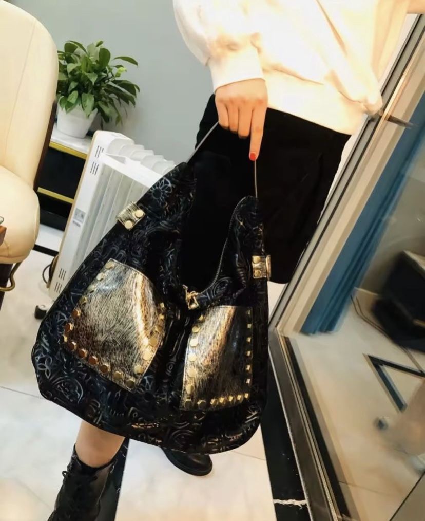 Big Soft Vegan Leather Rivets Pockets Hobo Holographic Embossed Shoulder Bag