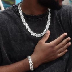 2 Pcs Fully Iced Thick 14K White Gold Plated Cubic Zirconia Maimi Cuban Link 23.65 Inches Necklace And Bracelet Set 