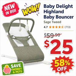 New Baby Delight Highland Baby Bouncer - 3-Position Recline Sage Tweed