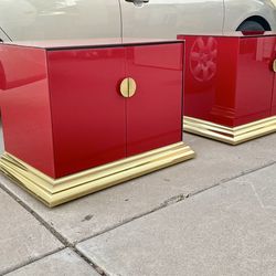 Gorgeous Rare Vintage Ello Red Glass & Gold Matching Nightstands