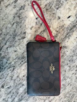 Coach Signature Wristlet in Brown and Red