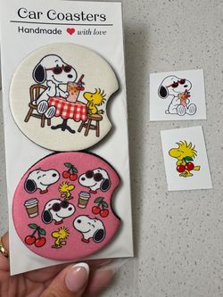 Snoopy Handmade Car Coasters Set of 2 with 2 Stickers