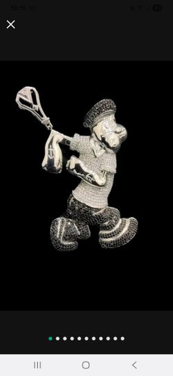 Popeye The Sailor Man White And Black Cubic Zirconia Diamond Iced Bling Pendant Sterling Silver