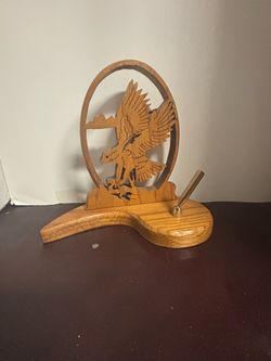handcrafted wooden eagle and landscape scroll-saw desk set,