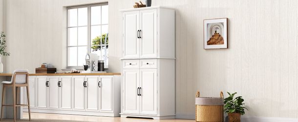 K&K 71 Tall Kitchen Pantry Cabinet with 3 Pull Out Cabinet Organizers, Farmhouse Embossed Texture Storage Cabinet with 6 Door Shelves, 2 Drawers, Free