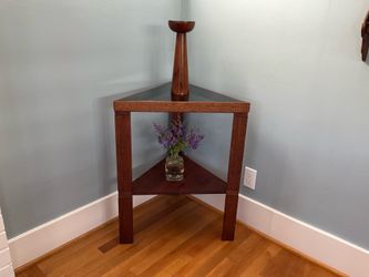 Vintage MCM / Art Deco Two-tiered Walnut Triangular Corner Table with Glass