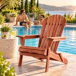 Folding Wooden Adirondack Chair – Outdoor Patio, Backyard & Fire Pit Lounge Chair – Natural / Coffee Color