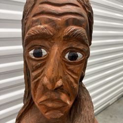 Hand-Carved Wooden Bust Sculpture – $60