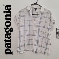 Patagonia White/Blue Plaid Lightweight Cotton Short Sleeve Button Down Top Sz S