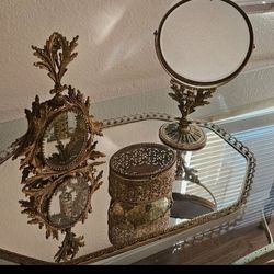 Vintage Antique Ormolu Cherub  perfum bottle box and mirror.