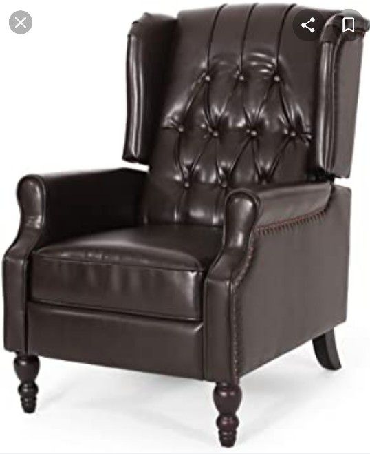 Elizabeth tufted leather reclining chair. new in box. Brown