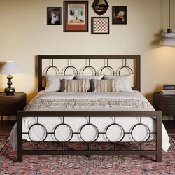 A620 $80  Queen Size Metal Bed Frame with Vintage Circular Design Headboard and Footboard,No Box Spring Required,Easy Assembly,Noise-Free,Brown  Size 