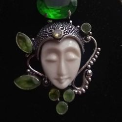 Large Sterling Silver Bali Goddess / Moon-Face Pendant Necklace – 925, hand-carved bone face, green