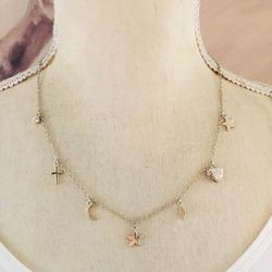 Gold plated moon star locket charm chain link necklace