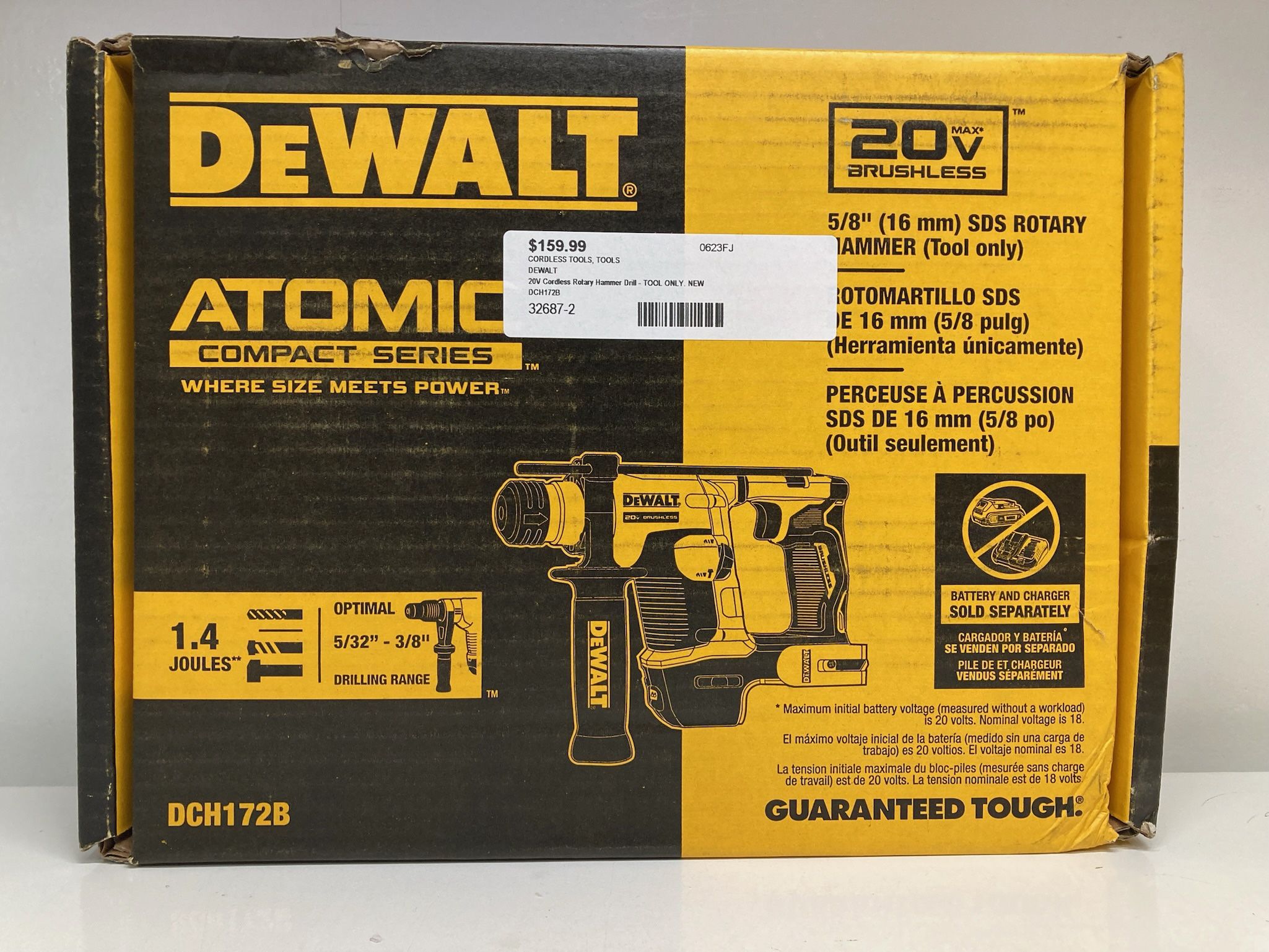 DeWalt DCH172B Atomic Compact Series 5/8" SDS Rotary Hammer, Tool Only