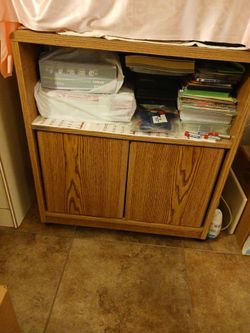 Oak Wood Rolling Storage Cabinet with Shelves