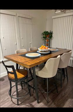 4 High-Rise Dining Table Chairs – Beige/Grey Upholstery – Great Condition