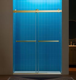 Frameless Double Sliding Shower Door with Soft Close System, 57.5-60" Width × 80"Height with 3/8"(10mm) Clear Tempered Glass in Brushed Gold Finish, R