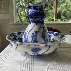 Large Blue and White Middleport Pitcher And Wash Basin