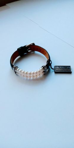"NEW" AWESOME Leather "Honora" Cultured Pearl & Sterling Silver Adjustable Bracelet - Black
