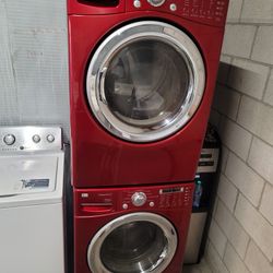 LG Front Load Washer And Stackable Gas Dryer Set In Red