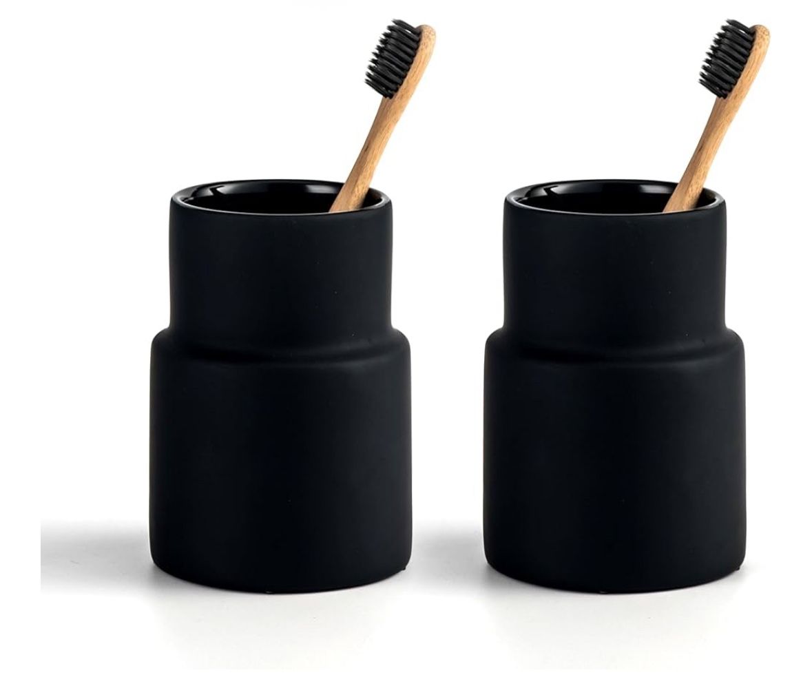 Matte Toothbrush and Toothpaste Holder,Toothbrush Holder,Modern Ceramic Toothbrush Cup,Tooth Brushing Holder (Black & Black)