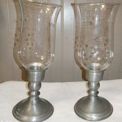 2pc Lot Leonard pewter Candlestick holders and glass etched hurricane globes 