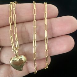 14k Gold Necklace With Puffed Heart Pendant
