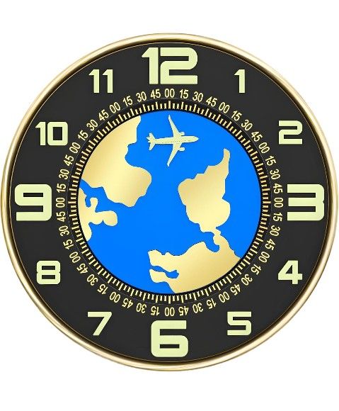 Wall Clock: 12-inch Clock with a dynamically Rotating Globe, Silent (Non-Ticking), Battery Powered, and Hour/Minute Hands Designed as Combined Airplan