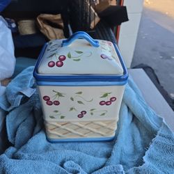 Inspirado StoneLite Hand-Painted Ceramic Canister – Cherry Design – With Lid – 8” Kitchen Storage