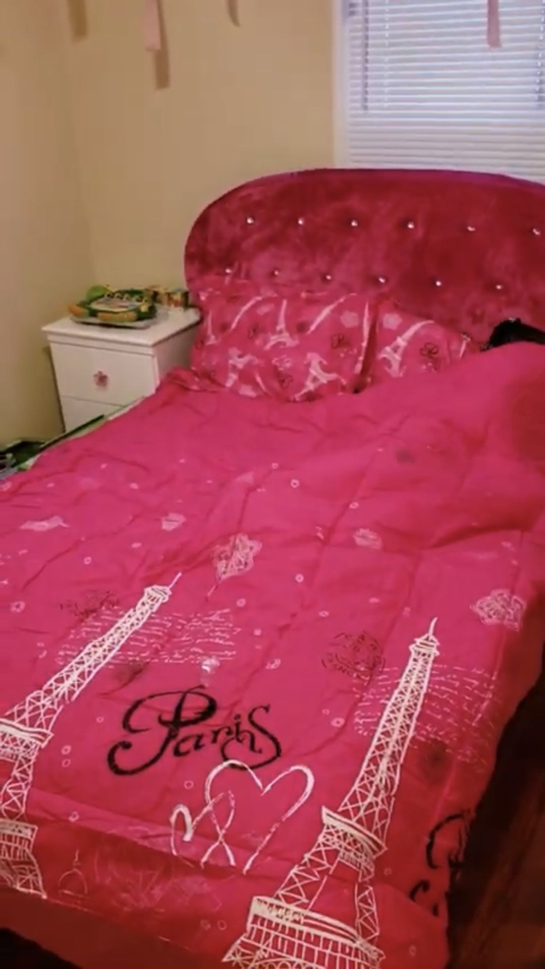 Full size pink bed. Mattress. Small dresser and big dresser with mirror