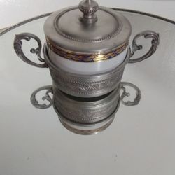 VINTAGE MONOPOLI  ITALY PORCELAIN & PEWTER SUGAR BOWL 5"×3.5" EB