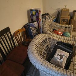 Ottoman, desk, crochet treasure box, leather chairs