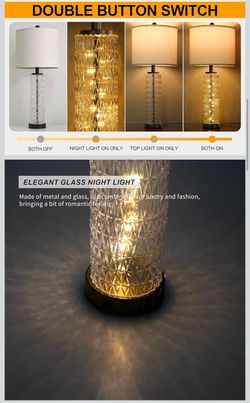 Table Lamps Set of 2, Black Modern Bedside Lamp with LED Night Light, USB A+C, Glass L