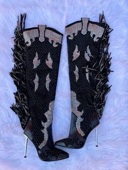 Black Rhinestone Fringe Stiletto Knee-High Boots