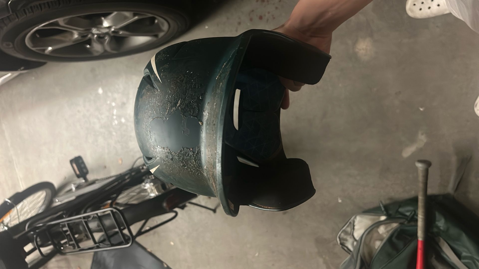 Old Helmet Has Pine Tar On Top Of It