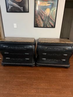 Pair of Black Bombe Nightstands with stone Tops