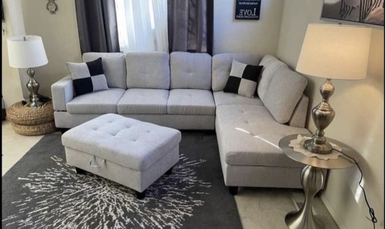 Gray Linen Sectional Couch And Ottoman