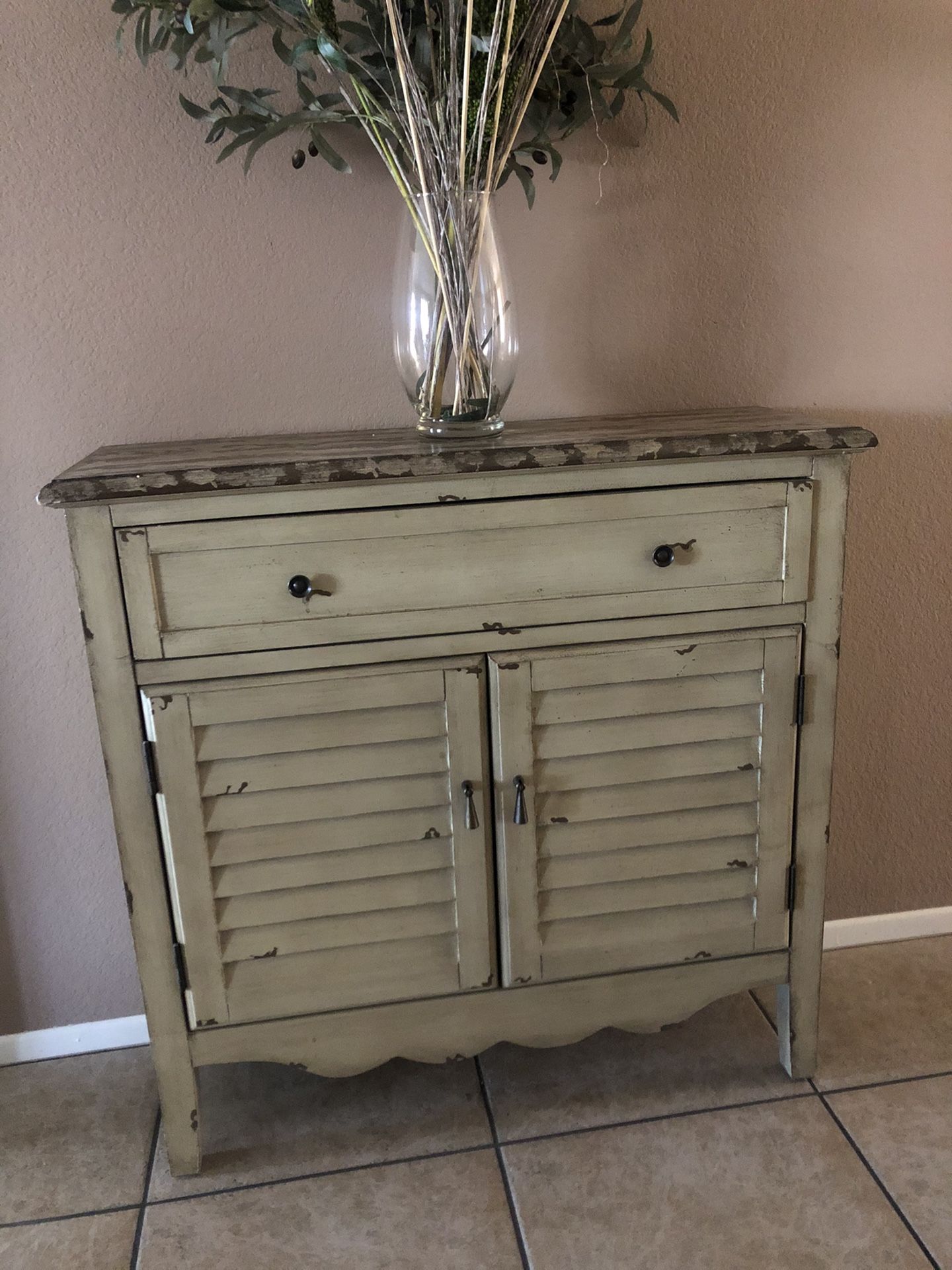 Rustic Farmhouse distressed entry table cabinet w/storage shelves