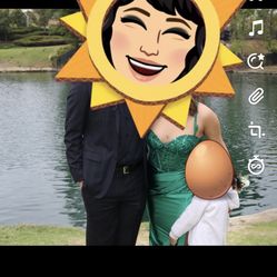 Emerald green dress , open back , corset mesh top , ruched back 