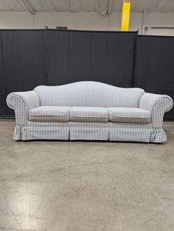 Blue Gingham Bassett Furniture Three-Seater Sofa with Rolled Arms Used