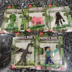 Mattel Minecraft Lot of 5 figures.  Also can be used as cake Toppers.  Tallest is approximately 3 inches tall.  Brand new factory sealed.  