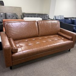 80.31" Mid Century Modern Faux Leather Sofa 3 Seater
