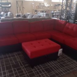 Red And Black Cupholder Sectional With Ottoman 