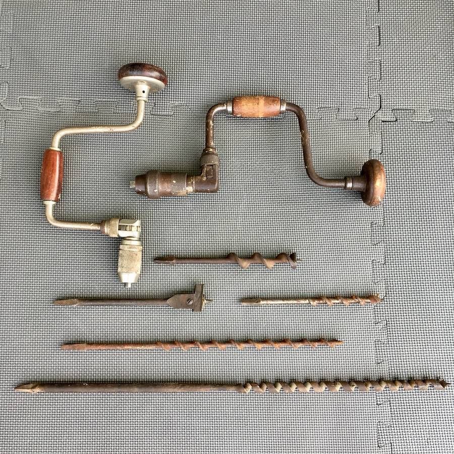 Lot of 2 Vintage Braces Craftsman and Defiance by Stanley plus Bits
