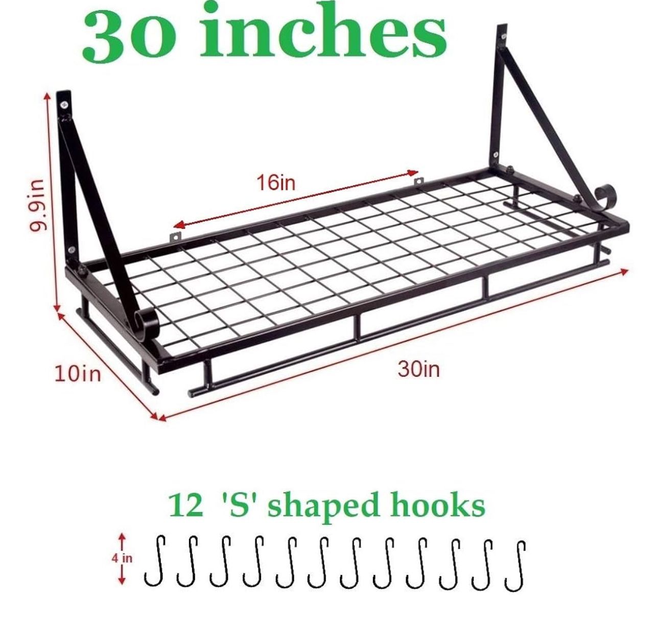 30" Wall mounted pots and pans rack. Pot holders wall shelves with 12 hooks. Kitchen shelves wall mounted with wall hooks. Kitchen storage pot holder