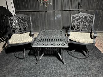 2 Solid Aluminum Rocking/Swivel Patio Chairs w/ Cushions & Middle Aluminum Table