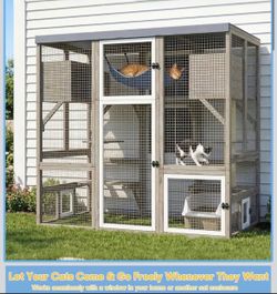 Outdoor Cat Enclosure Large Walk-in Cat House with Flat Roof and Multi-Level Platforms, Cat Hammock & Litter Box Shelf, Elevated Wooden Cat Shelter fo